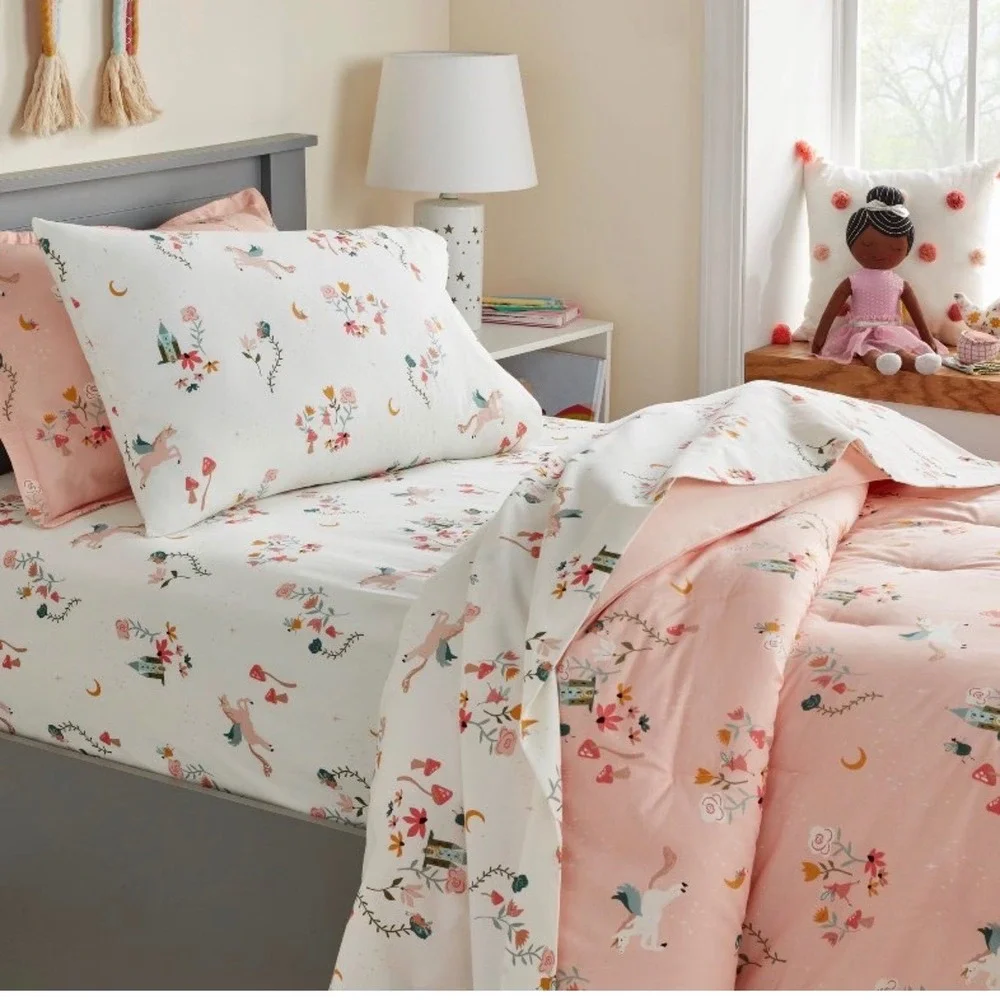 Pillowfort Fairytale Queen Sheet Set Multicolor Unicorn Floral 100% Cotton NEW
